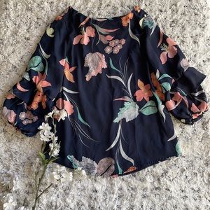 Monteau Navy Floral Bubble Sleeve Blouse